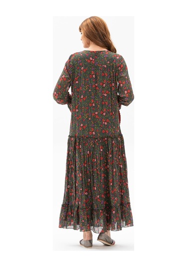 Uzun Kol Vual Gonca Uzun Elbise Tomurcuk Desen Yeşil 6170-yeşil