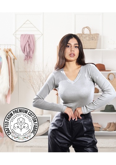 Pamuklu Kaşkorse V Yaka Body Sweatshirt, Fitilli Kumaş Likralı Bluz, Asker Yeşili Badi Gri Melanj