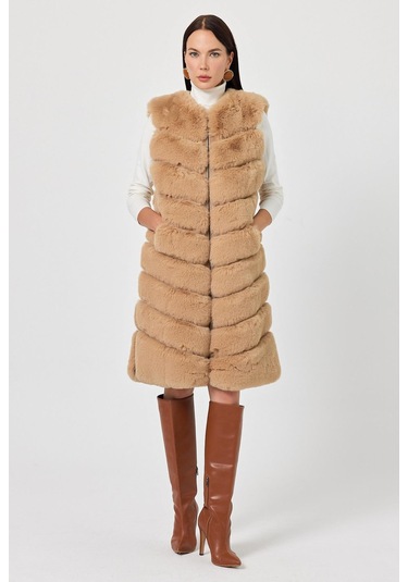 Vittoria Camel Tüylü Uzun Yelek Siyah