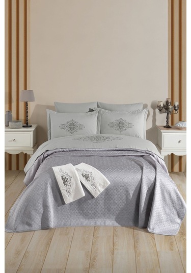 Tivoli 8 Parça Evlilik Seti Pike Takımı Havlulu-nakışlı Çift Kişilik Gelin Seti-diana-gri Grı Gri