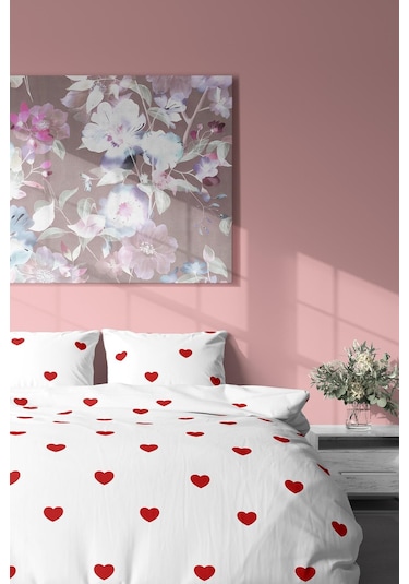Zeynep Tekstil Nevresim + Yastık Kılıfı Çarşafsız Pamuklu Tek Kişilik Nevresim Seti Kalp Desenli Kırmızı 200 x 220