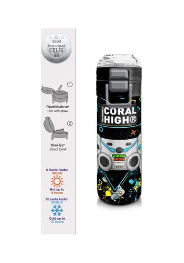 Coral High Kids Siyah Fosforlu Yeşil Gamer Desenli Pipetli Ve Direkt İçim Çelik Termos 500 Ml 31817 Siyah