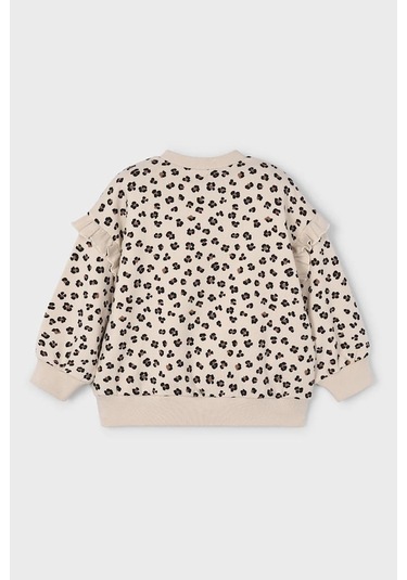 Kız Çocuk Kolları Fırfırlı Leopar Desenli Sweatshirt - Bej Mavi