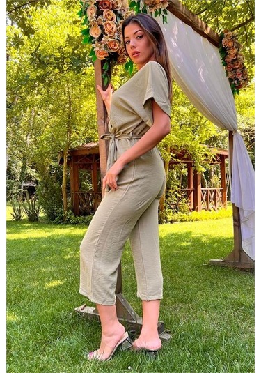 Kadın Yeşil Kruvaze Yaka Bağlama Detaylı Ayrobin Tulum Dpnb10049 Yesil