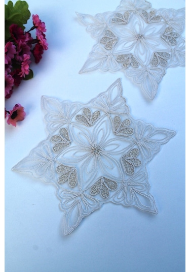 6 Adet Yıldız Motifli Krem Gold Simli Bardak Altlığı & Kokteyl Beyaz