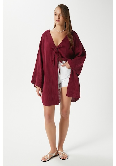 Ritnice Kadın Sandra %100 Pamuk Müslin Bağcıklı Bordo Kimono Bordo