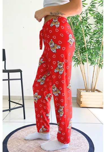 Dreamy Soft Kadife Dokulu Ayıcık Desenli Süet Pijama Altı Pantolon Kırmızı