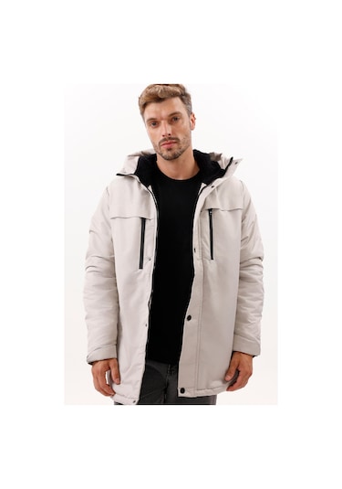 Erkek Polarlı Kürklü Su Ve Rüzgar Geçirmez Kapüşonlu Kışlık Mont & Kaban & Parka - Elyaflamalı Taş