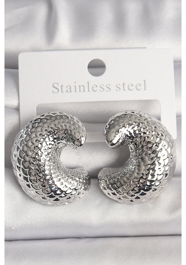 Pirinç Gümüş Renk Yılan Sırtı İşlemeli Yarım Halka Model Kadın Küpe Çok Renkli