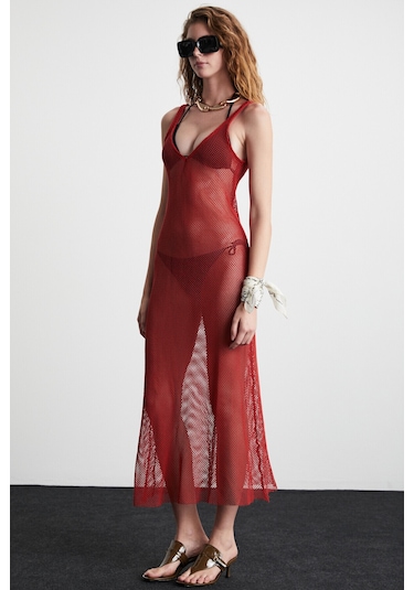 Deryn Kadın File Pamuklu Kumaşlı V Yakalı Eteği Kloş Plaj Giyimi Kiremit Rengi Elbise