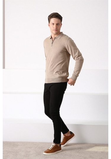 Ferraro Bej Polo Yaka Fermuarlı Erkek Pamuk Kazak Bej
