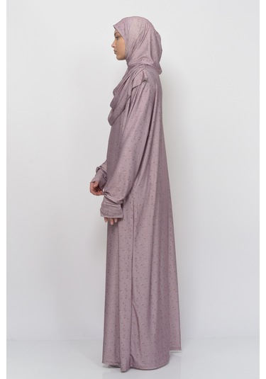 Pratik Tek Parça Çiçek Desenli Kollu Tak Çıkar Başörtülü Likralı Tesettür Namaz Elbisesi 990-0201 Bej Antrasit