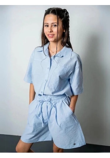 Kız Çocuk Yarım Kollu Gömlek Poplin Şortlu Takım-15809 Mavi