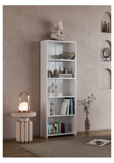Alpa Ev Mobilya 5 Raflı Kitaplık, Modern Çok Amaçlı Ahşap Ofis, Salon Ve Mutfak Raf Dolabı Beyaz