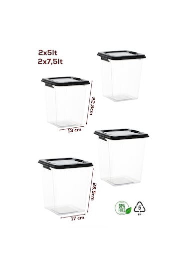 Porsima 4372 4 Lü Mega Boy Hava Geçirmez Deterjan Saklama Kabı Erzak Saklama Kabı Seti Gri 7,5+5lt Şeffaf