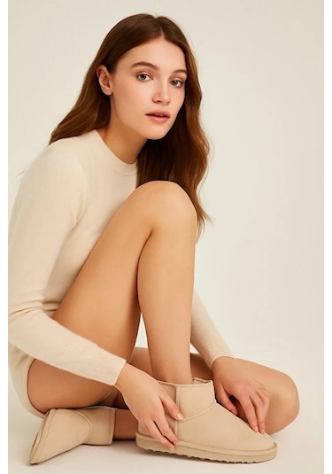 Pierre Cardin 52126 Süet İçi Kürklü Mini Boy Bilekte Kısa Kadın Bot Bej