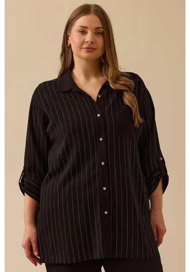 Galaxi Kadın Büyük Beden Çizgili Düğmeli Gömlek 4027 Siyah Siyah