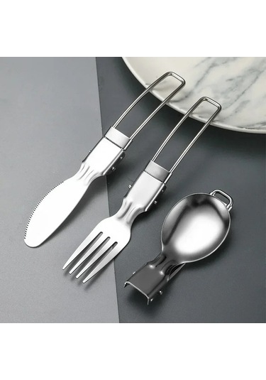 Besthome1 3 Parça Taşınabilir Kamp Seti, Gümüş Renkli Çatal Bıçak Kaşık Gümüş