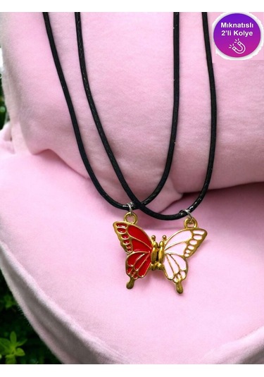 Kelebek İki Renk Iki Adet Mıknatıslı Çift Sevgili Kolye Takı Çok Renkli