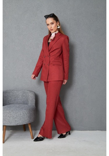 4 Düğmeli Kruvaze Yünefekt Takım Kırmızı Kırmızı