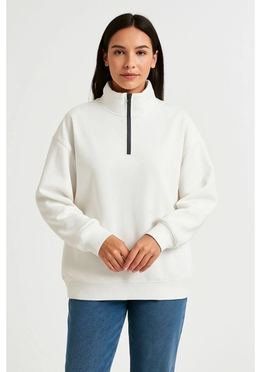 Üç İplik Dık Yaka Yarım Fermuarlı Sweatshirt - Beyaz -vlmr Beyaz