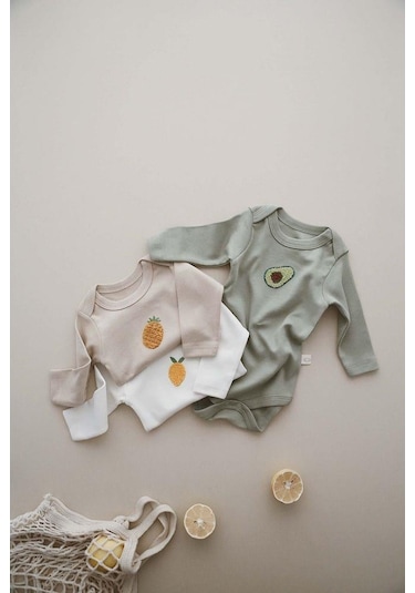 3lü Nakışlı Çıt Çıtlı Uzun Kollu Body-zıbın Model 3 Vizon