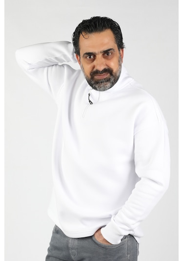Unisex Balıkçı Yaka Beyaz Sweatshirt Beyaz