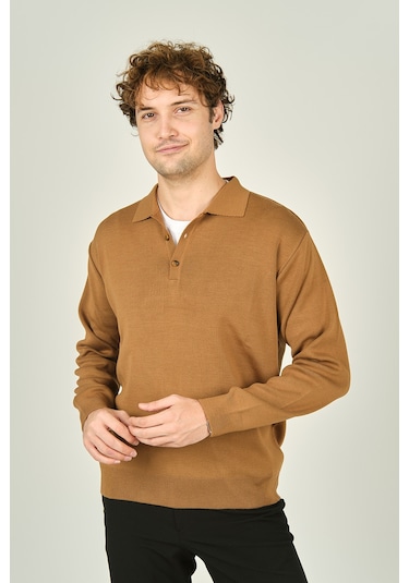 Ateş Triko Erkek Polo Yaka Düğmeli Yün Kazak 6091023 Camel Camel