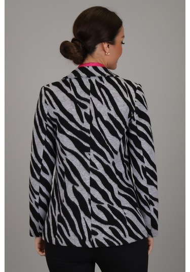Sweetness Kadın Siyah Gri Zebra Desenli Astarsız Tek Düğme Ceket Gri