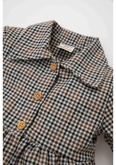 Defacto Kız Bebek Düğmeli Kareli Uzun Kollu Flanel Elbise D2859A524AUBN250 Kahve