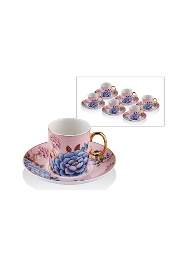 Floral Pink Porselen 12 Parça 6 Kişilik Kahve Fincan Takımı