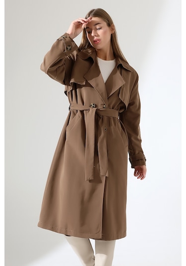 Amazon Keten Kumaş Diz Altı Yumuşak Dokulu Düğmeli Astarlı Trenç Kot Sütlü Kahve Sütlü Kahve