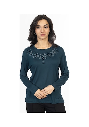 Yeni Model Taş İşlemeli Yuvarlak Yaka Likralı Anne Penye Bluz 6435-zümrüt Yeşili