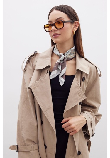 Manuka Desenli Saten Boyun Fuları Antıque Bej - Kahverengi