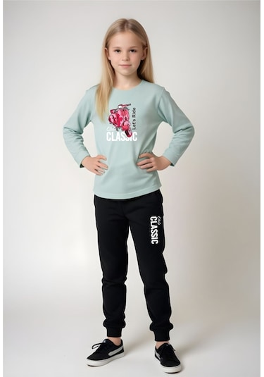 Fyk Kids Kız Çocuk Pembe Motor Baskılı Bel Detayı Lastikli Alt-üst Pijama Takımı Mint Yeşili