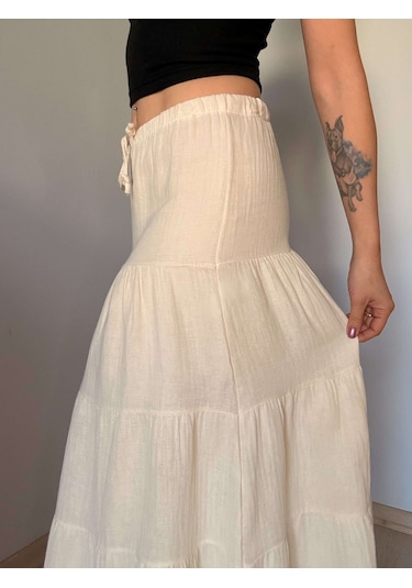 Ali Butik Krem Önü Bağlamalı Müslin Etek Krem