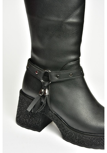 Fox Shoes T996224009 Siyah Kalın Topuklu Kadın Çizme Siyah-Suni Deri