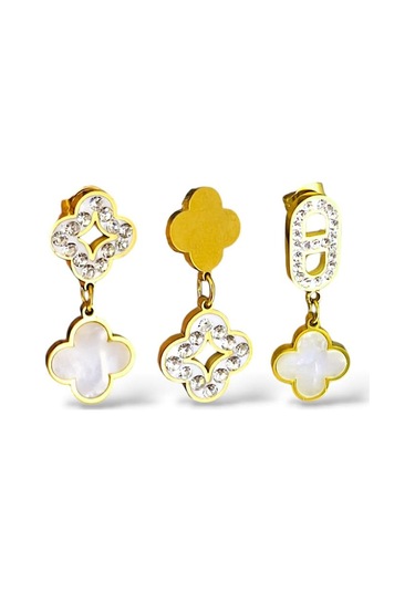 Vnclf Model Beyaz Yonca Üçlü Çelik Küpe Altın - Gümüş