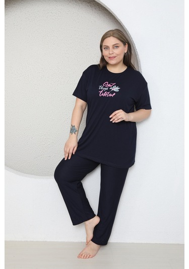 Fames Pijama Büyük Beden Likrali Ring Viskon Kisa Kol Yazlik Pijama Takim Lacivert