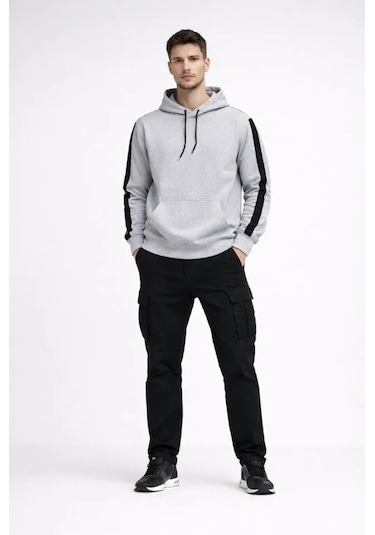 Defymoda Erkek Şeritli Kapüşonlu Sweatshirt Oversize 3 Iplik Pamuklu - Beyaz Beyaz