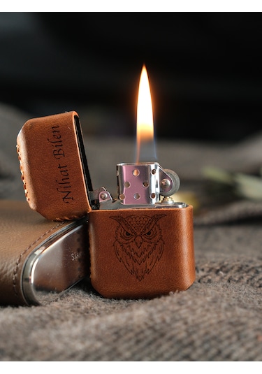 Vagave Taba Renk Hakiki Deri Kılıflı Zippo Benzinli Çakmak