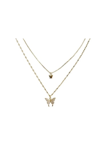 Çift Katlı Kadın Kelebek Kolye - Kararmaz Altın Kaplama