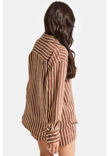 Itsbasic Kadın Kahve Çizgili S6-108 Oversize Rahat Kesim Gömlek