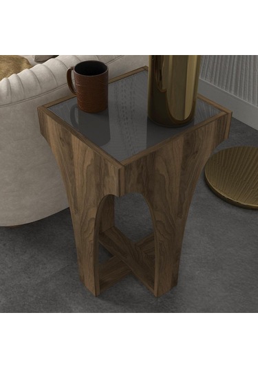 Dekorister Litus Camlı Yan Sehpa Ceviz-Antrasit