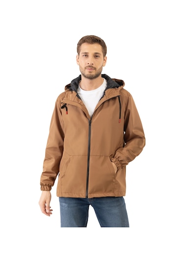 Erkek Taba İçi Astarlı Kanguru Cepli Su Ve Rüzgar Geçirmez Kapüşonlu Cepli Yağmurluk Taba