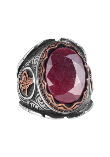 Osmanlı Tuğra Doğal Yakut Taş Yüzük, 925 Ayar Gümüş Yüzük Erkekler İçin Gümüş