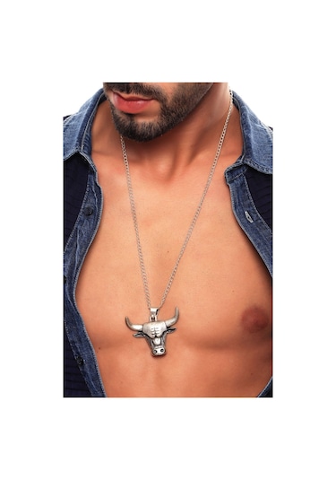 Erkek Antik Gümüş Kaplama Boğa Simge Uçlu Kolye Gümüş