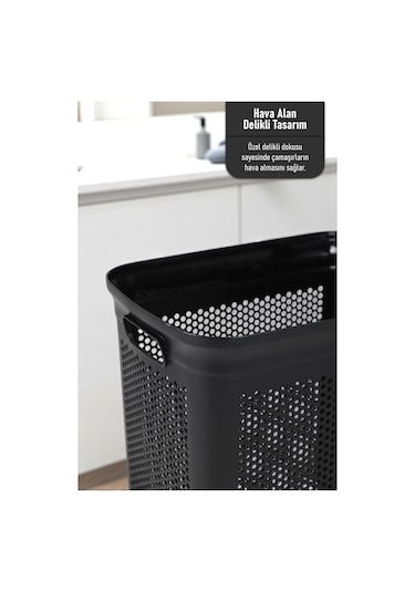 İronika Slim İki Bölmeli Kapaklı Dekoratif Kirli Çamaşır Sepeti 90 Litre Siyah - Beyaz Siyah