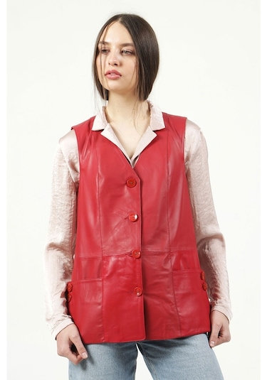 Dericlub Yb-2017 Gerçek Deri Kadın Yelek Kırmızı