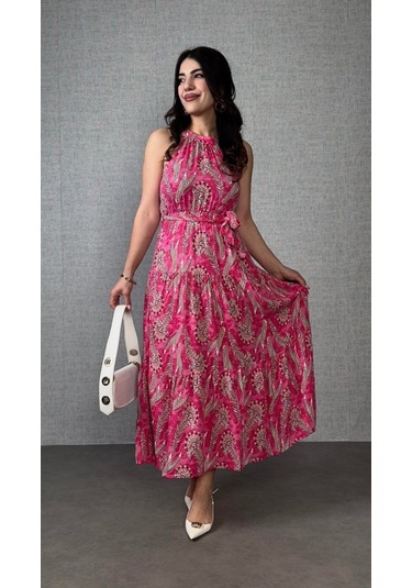 The İstanbul Kadın Omuzlardan Açık Boyundan Geçmeli Desenli Süprem Bluz Pembe